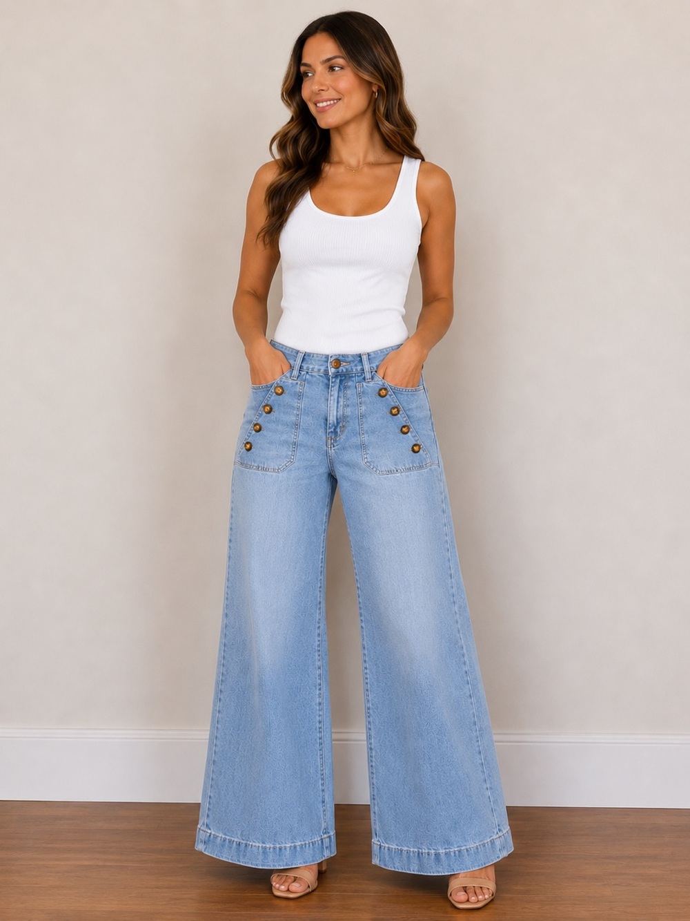 Rock & Republic Light Blue Wide-Leg Jeans with Buttoned Patch Pockets